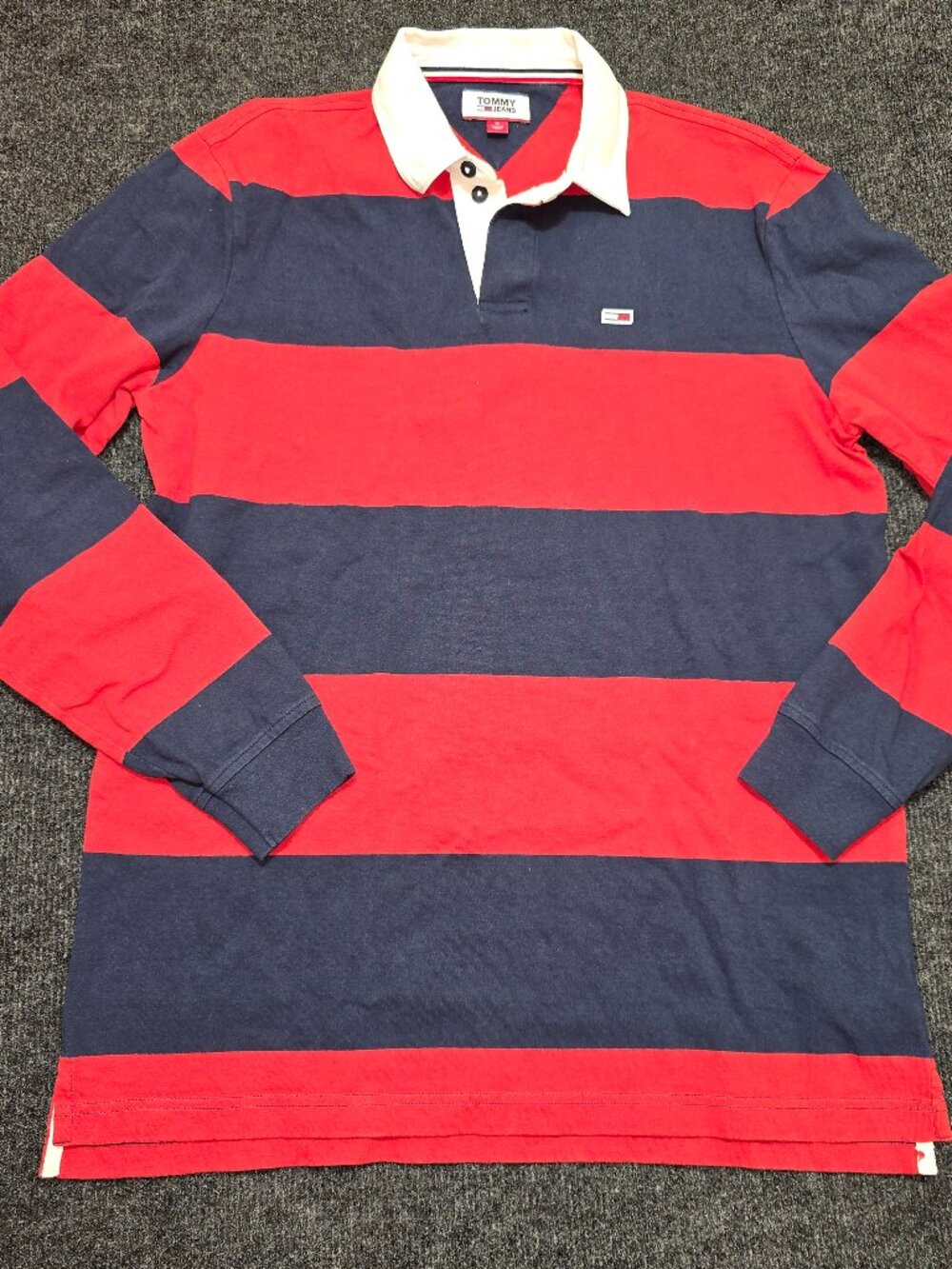 Tommy Jeans Rugby Shirt Medium M Red Navy Blue Stripe White Collar Vintage Y2K M